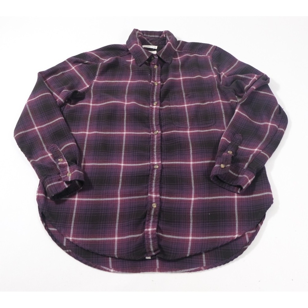 American Eagle Shirt Womens S Purple Boyfriend Fit Plaid Flannel Soft Button Up
